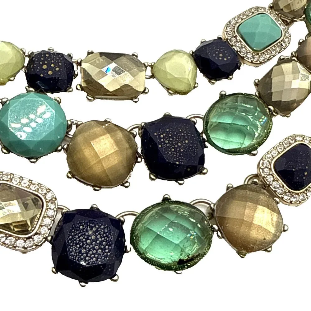 DANA BUCHMAN Teal Blue Beige Rhinestone Bib Necklace Multistrand 16